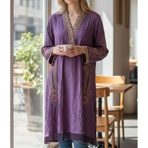 NWT Maria. B. Purple Embroidered Pearl Neckline Tunic Kurta Fringe Hem Size L